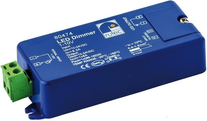 Produktbild Rutec LED Dimmer 1-10V/Poti/Taster 80474 192W/24V 96W/12V, 1 Kanal, 94x37x21mm