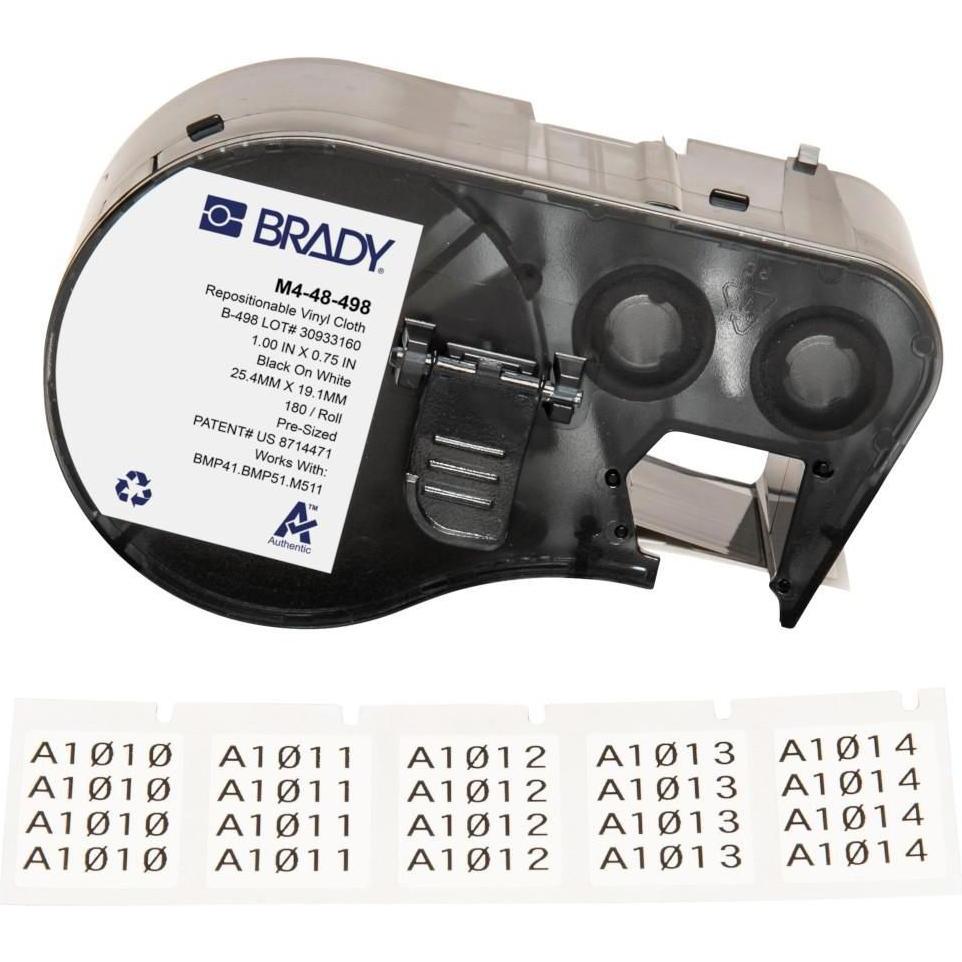 Brady, Etiketten, M4-48-498, wiederablösbares Vinylgewebe, Schwarz auf weiss, 25.40 x 19.05 mm, max. Kabeldurch