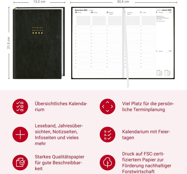Produktbild Terminer A5, Leder schwarz 2026 (A5, 1 Woche / 2 Seiten)