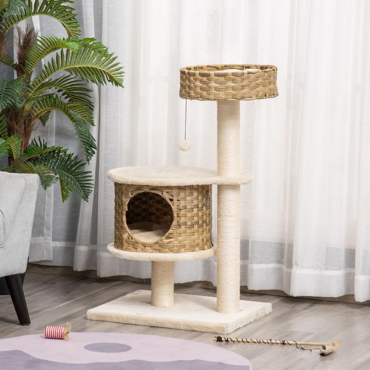 Produktbild PawHut Kratzbaum mit Katzenhöhle (95 cm, Mehrfarbig)
