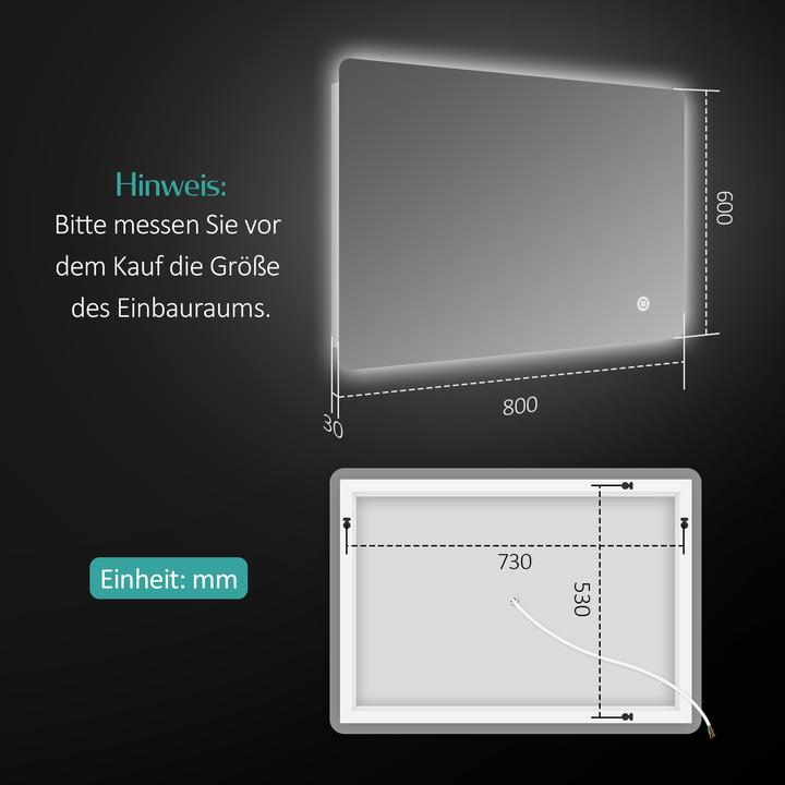 Produktbild Emke LED Badezimmerspiegel 80×60 cm, Kaltweiss 6500 K, Dimmbar, Touch-Schalter, für Badezimmer (80 x 60 x 3 cm)