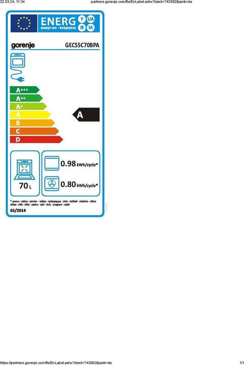 Label énergétique Gorenje GORE Cuisinière à poser
