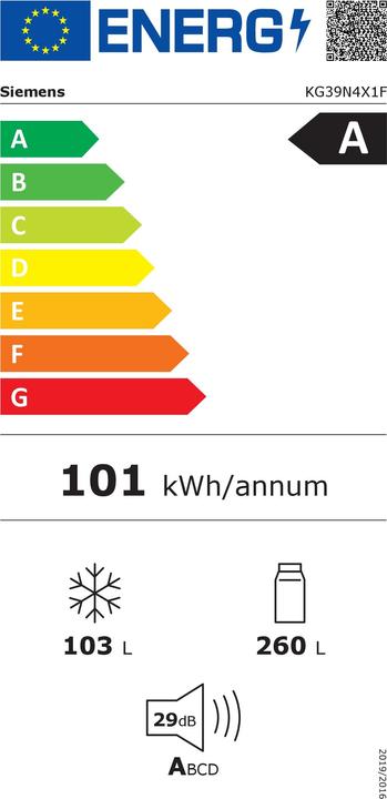 Energy Label Siemens iQ500, free-standing fridge-freezer with freezer at bottom, 203 x 60 cm, BlackSteel, KG39N4X1F (363 l)