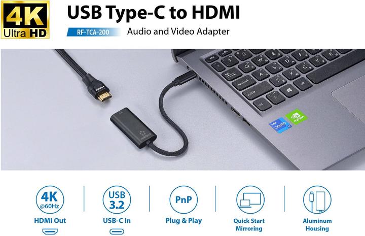 Immagine prodotto Renkforce RF-TCA-200 1+1 Port USB 3.2 Gen 1-Hub (USB 3.0) mit zusätzlichem USB-C (HDMI, 15 cm)