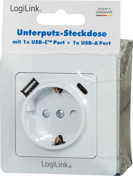 Produktbild LogiLink Unterputz-Steckdose, 1x CEE 7/3, 1x USB-A, 1x USB-C PD