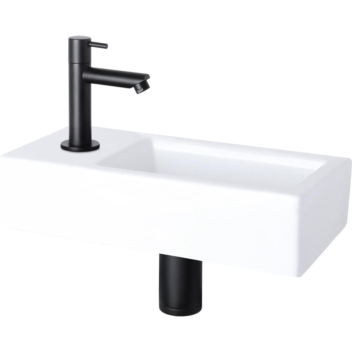 Differnz, Lavandino, Helios Fountain Set - Kran links - Waschtische Keramik Weiss - gerade Kraan - Mat Black - St (185 mm, 375 mm)