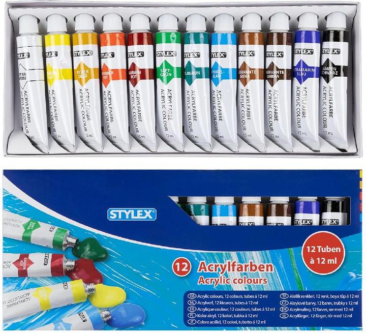Productafbeelding Stylex Acrylverf, 12st. (Wit, Oranje, Geel, Groen, Blauw, Zwart, Rood, Bruin, 12 ml)