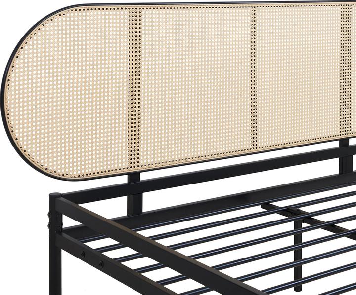 Actual product image En.Casa Metallbett Linköping mit ovalem Kopfteil 160x200 cm Schwarz/Rattanoptik (160 x 200 cm)