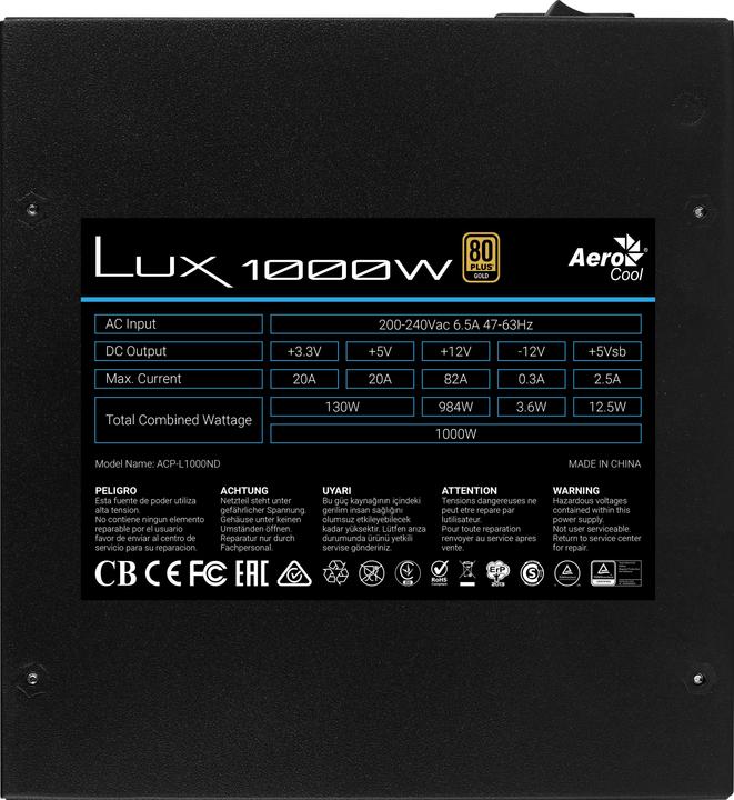 Actual product image AeroCool LUX1000 PC Power Supply 1000W 80 Plus Gold 90% Efficiency Juodas (1000 W)