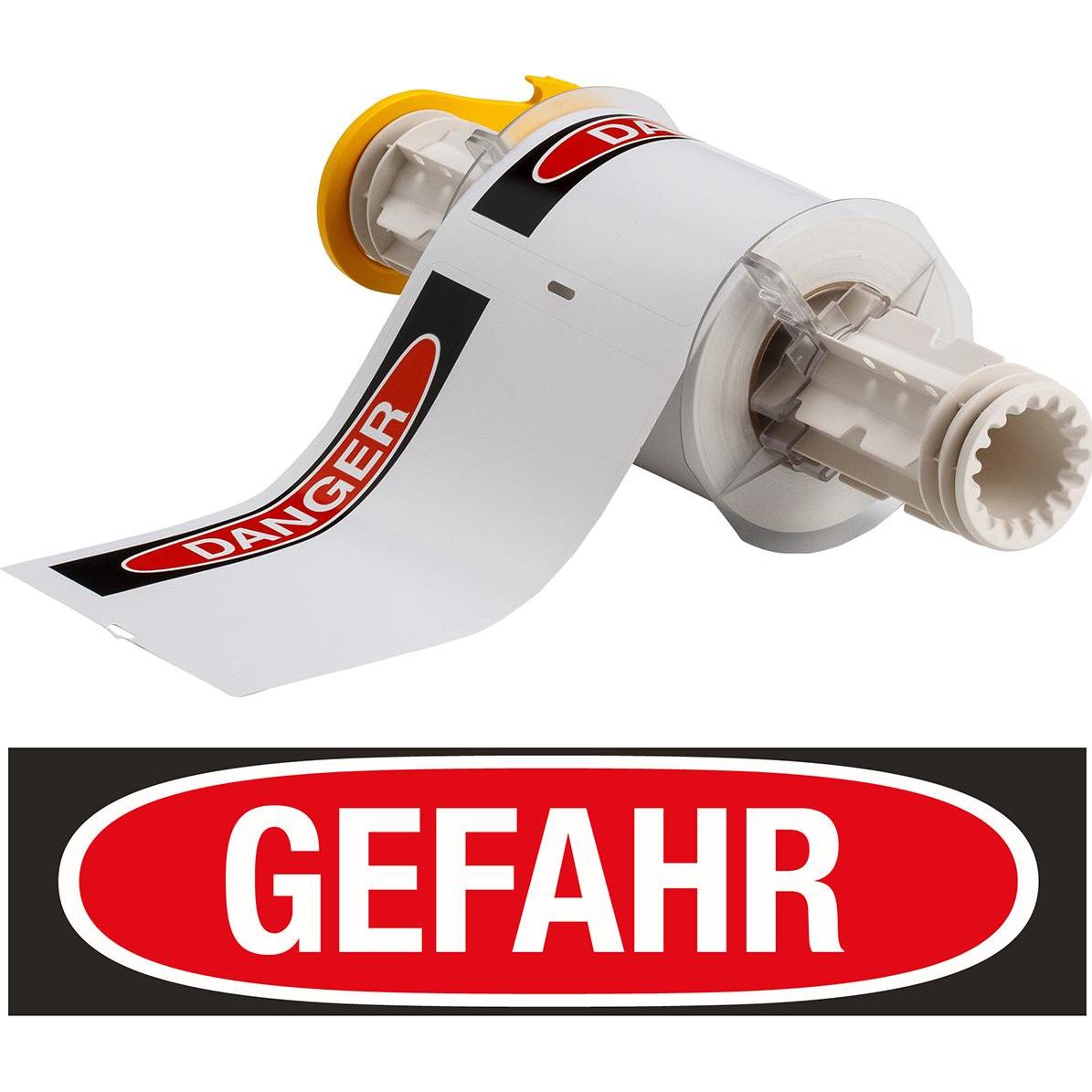 Brady, Etikettenrol, B85-102x152-595-DANGER, voorbedrukte vinyl etiketten, rood/zwart op wit, glanzend, 101,60 (15.24 cm)