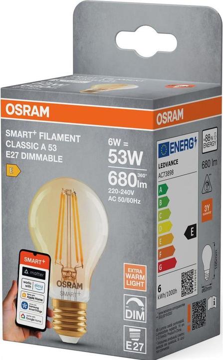 Produktbild Osram SMART+ MATTER Classic A53 6W 824 FILAMENT GOLD DIM E27 (E27, 680 lm, 1x)