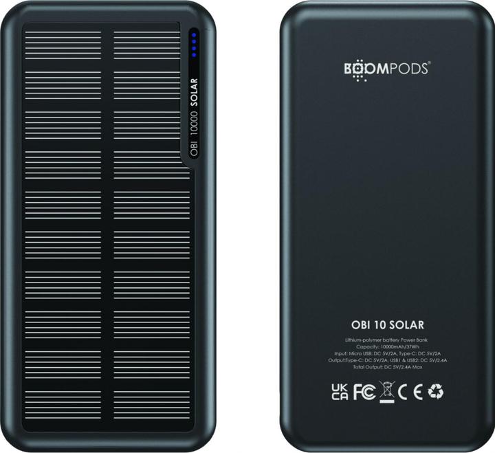 Actual product image Boompods Obi 10,000mAh Solar Powerbank - Black (10000 mAh, 37 Wh)