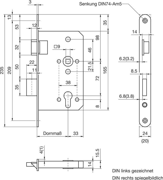 Actual product image BMH Einstemmschloss 1000 PZW, links, Dornmass 65, Rundstulp 20mm, Edelstahl (Mortise lock)