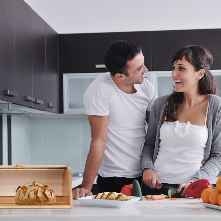 Actual product image Relaxdays Bamboo Bread Box, Roll Top with Design