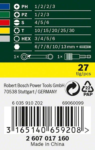 Produktbild Bosch Professional Zubehör Schrauberbit- und Ratschen-Set, 27-teilig (S 4/5/6, PZ1/2/3, 8/10/13 mm, HEX 3/4/5/6)