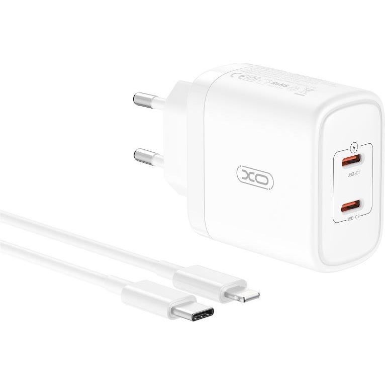 xO Wandladegerät CE08 PD 50W 2x USB-C weiss + USB-C - Lightning Kabel (50 W), USB Ladegerät, Weiss