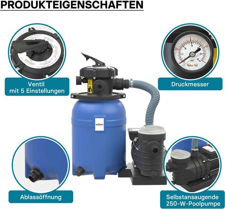 Produktbild Wiltec Sandfilteranlage 250W 14l Filtertank 10000l/h Pool Pumpe Filterpumpe