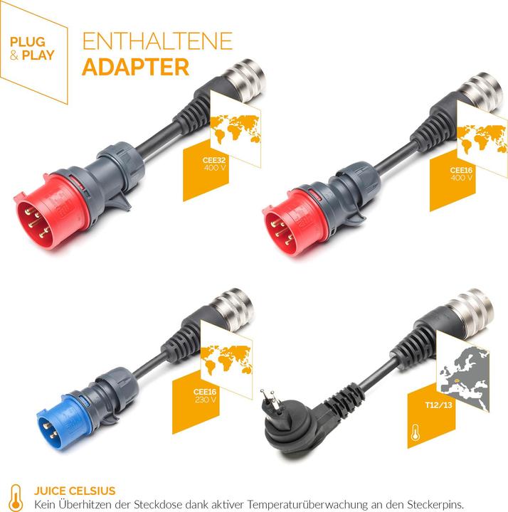 Immagine prodotto Juice Technology Juice Booster 2 Master Traveller Set (Tipo 2, 22 kW, 32 A, CEE16 blu, CEE16 rosso, Tipo 13, CEE32 rosso)
