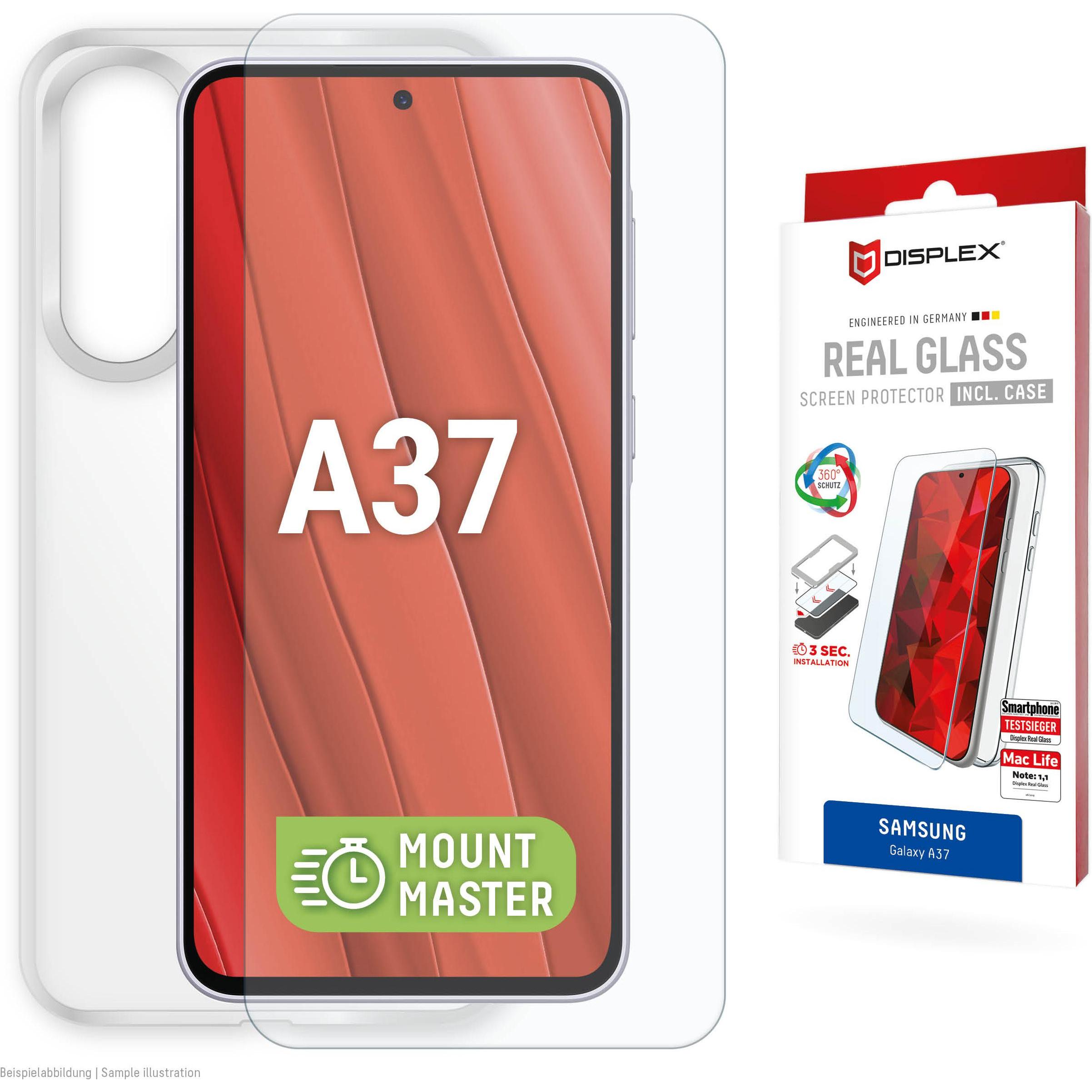 Displex Real Glass, 2D Panzerglas + Handyhülle, MountMaster (1 pz., Samsung Galaxy A37), Pellicola protettiva smartphone, Trasparente