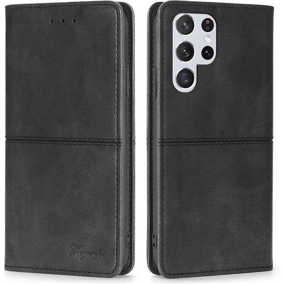 MU Classic Retro V Leder Bookcover Series (Samsung Galaxy S22 Ultra), Smartphone Hülle, Schwarz