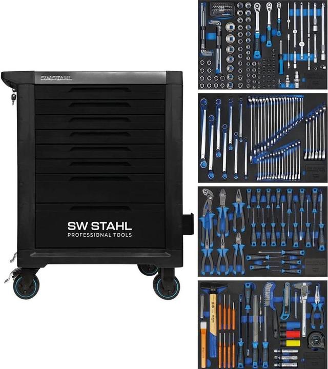 SW-Stahl Z3114 Professional workshop trolley TT801 black I 8 drawers I 4 drawers filled I 246 parts (1x)