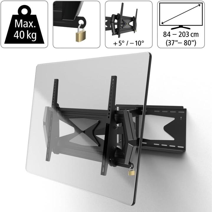 Image du produit Hama Support TV mural, pivotant, inclinable, antivol, 203 cm (80"), 40 kg (Mur, 40 kg, 37" - 80")
