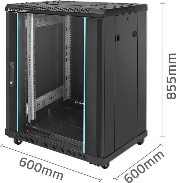 Produktbild Qoltec Szafa RACK 19" | 15U | 600 x 600 x 855 | hartowane drzwi | stojąca | nóżki + kółka | stalowa (15 HE, 19 Zoll Rack)