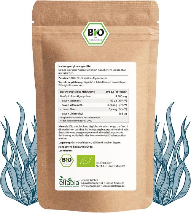 Image du produit Eltabia Comprimés de spiruline biologique | Qualité crudité premium (250 pièce(s), Cachets)