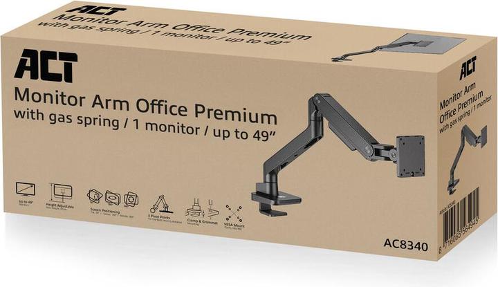Image du produit ACT Bras d'écran simple office premium, avec ressort à gaz (Tables, 49", 20 kg)