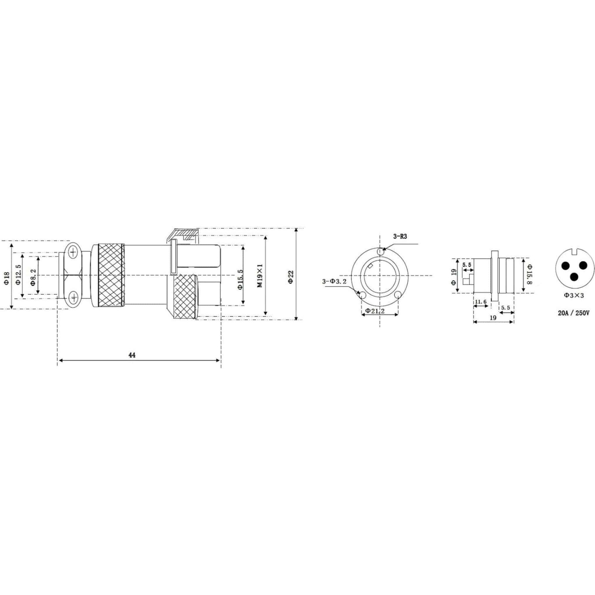 Thumbnail - Eneroid Hochstrom Einbaustecker-Set, 3-polig, Ø 19 mm, mit Abdeckkappe, Elektronikkabel + Stecker
