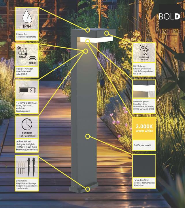 Image du produit Bold Solar-Wegeleuchte mit PIR (Bewegungssensor) (400 lm, IP44)