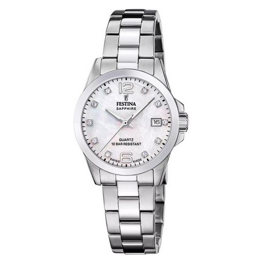 Festina Quarzuhr "Classic Steel" Armbanduhr, Damenuhr, Swiss Made, Edelstahlarmband, Analog, Tag
