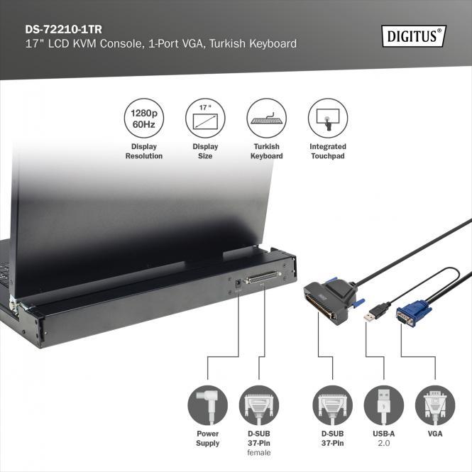 Produktbild Digitus Modulare Konsole mit 17" TFT (43,2cm), 1-Port KVM & Touchpad, türkischer Tastatur