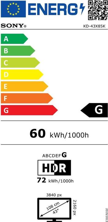 Energy Label Sony KD-43X85K (43", X85K, LCD, 4K, 2022)
