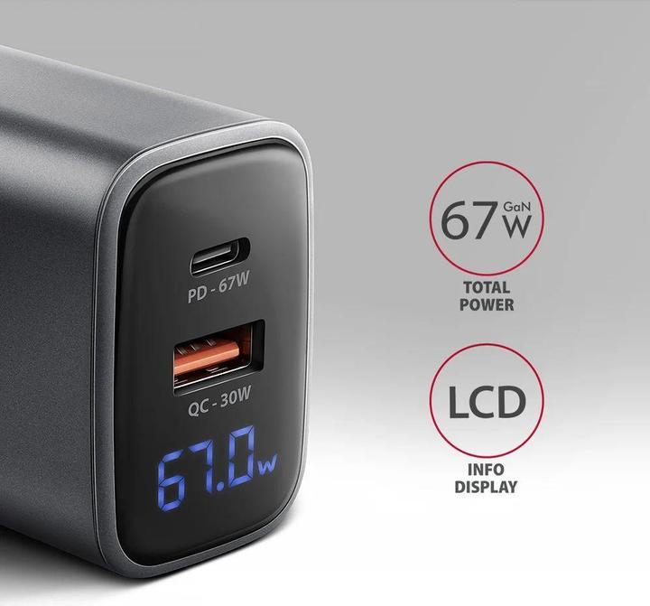 Produktbild Axagon ACU-PQ67D, GaN nabíječka do sítě 67W, výstup USB-A + USB-C, PD3.0/PPS/QC4+/SFC2.0/Apple, LCD (67 W, 2 Ports)