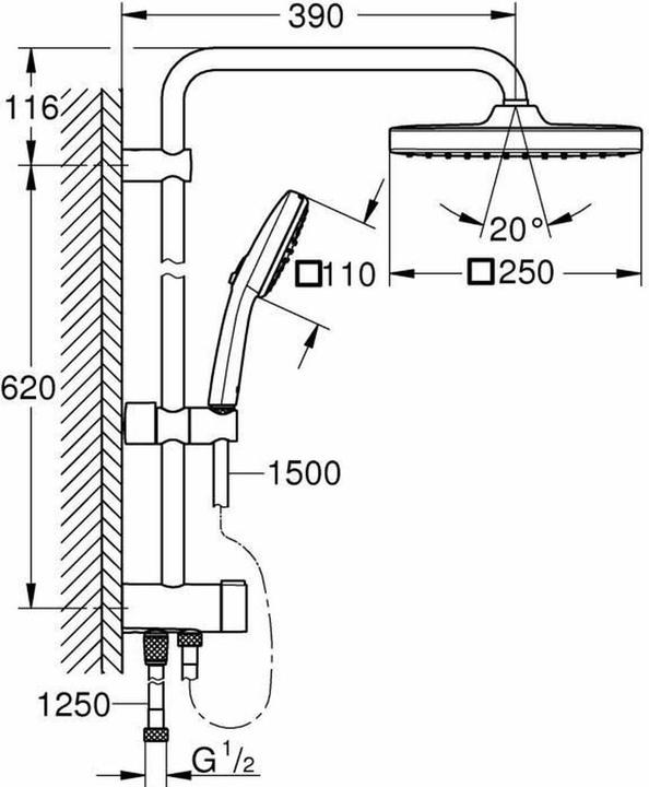 Produktbild Grohe Vitalio Comfort 250 Flex Duschsystem mit Umstellung, Reno-Set, Länge 620mm, wassersparend, chrom