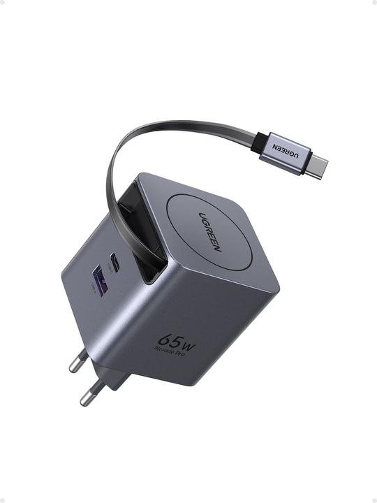 Actual product image Ugreen Wall GaN Charger- Retractable Cable (65 W, 3 ports)