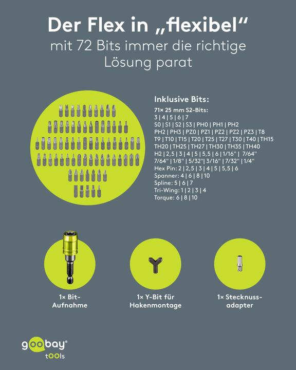 Image du produit Goobay Bithalter-Set mit 72-tlg. Bitsatz (Carré intérieur, Six pans creux TX, Trilogie)