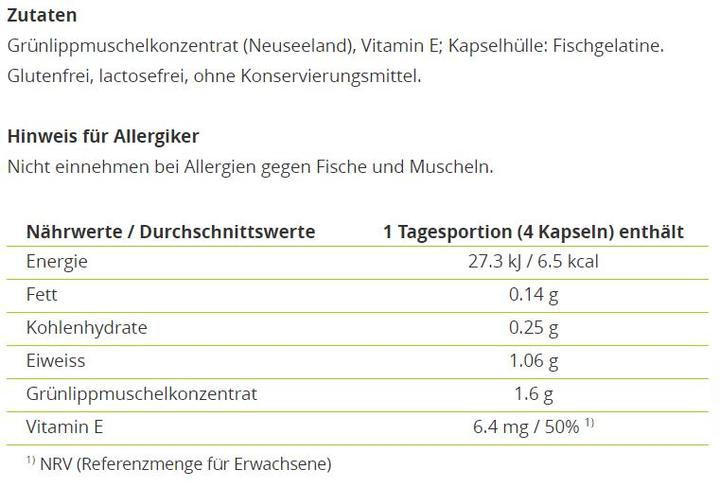 Nutritional values and ingredients Alpinamed Green-lipped mussel (120 Piece, Capsules, 100 g)