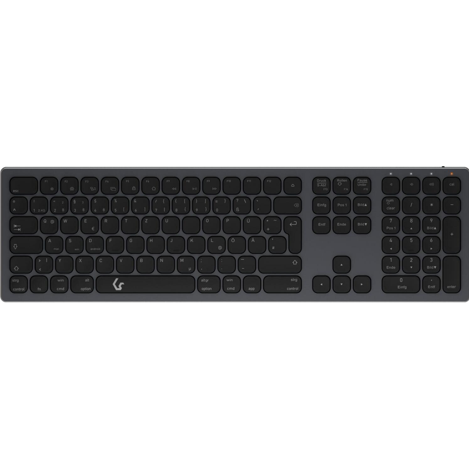 KeySonic Full-Size Aluminium Tastatur, Bluetooth & RF, für Win & macOS (DE, Kabellos), Tastatur, Grau