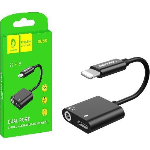 Denmen Hf-Adapter Iphone Schwarz Audio-Buchse + Netzteil Du08 (Lightning, Jack da 3.5mm, USB-C), Adattatore dispositivo mobile, Nero