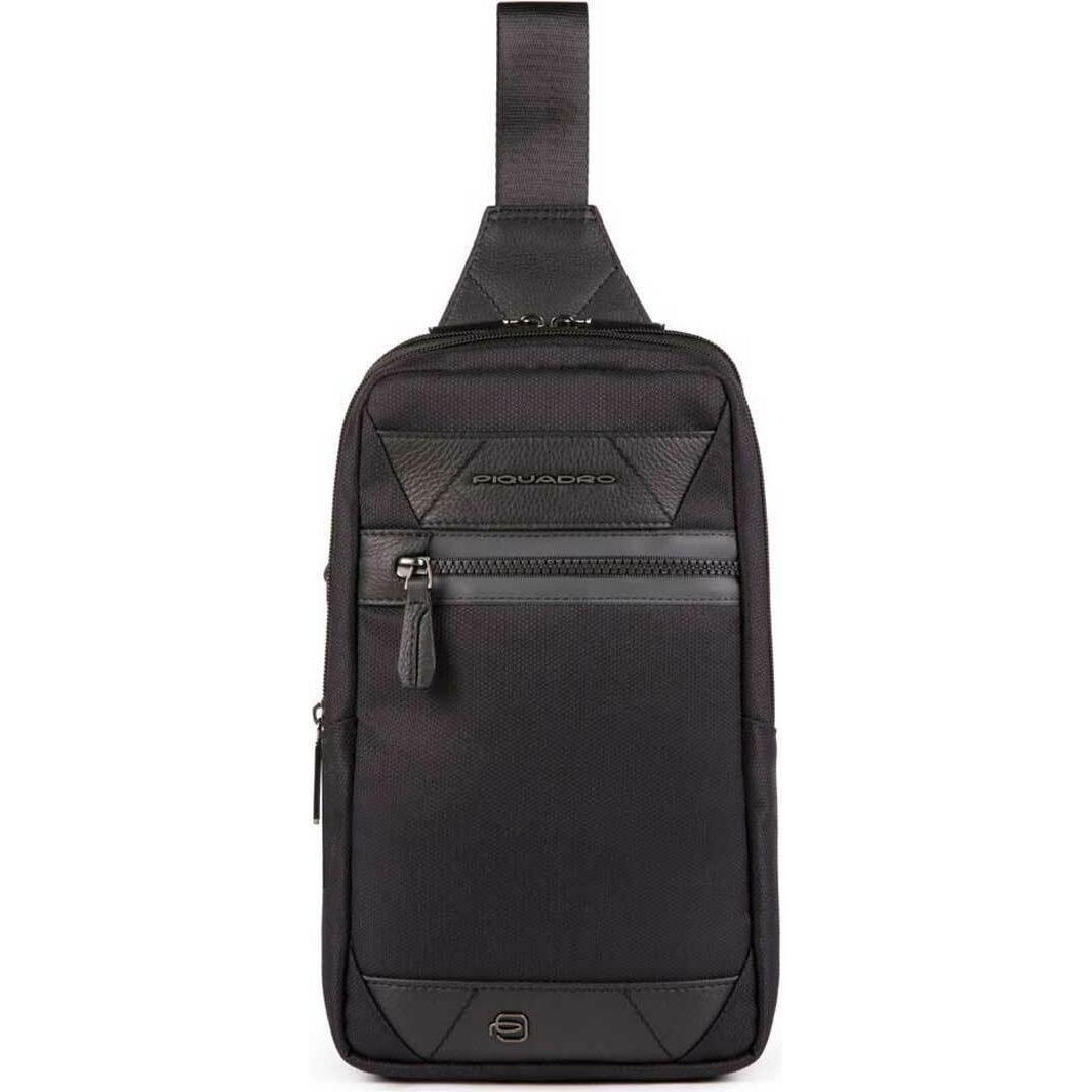 Piquadro Uomo Nero Uomini, Borsetta, Trakai, Leather & Fabric, Mono Sling, Textile Crossbody Bag, Blac,