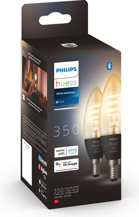 Actual product image Philips Hue Filament White Ambiance (E14, 4.60 W, 350 lm, 2 x, G)