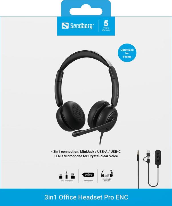 Produktbild Sandberg 3in1 Office Headset Pro ENC (Kabelgebunden, USB-C, Microsoft Teams)