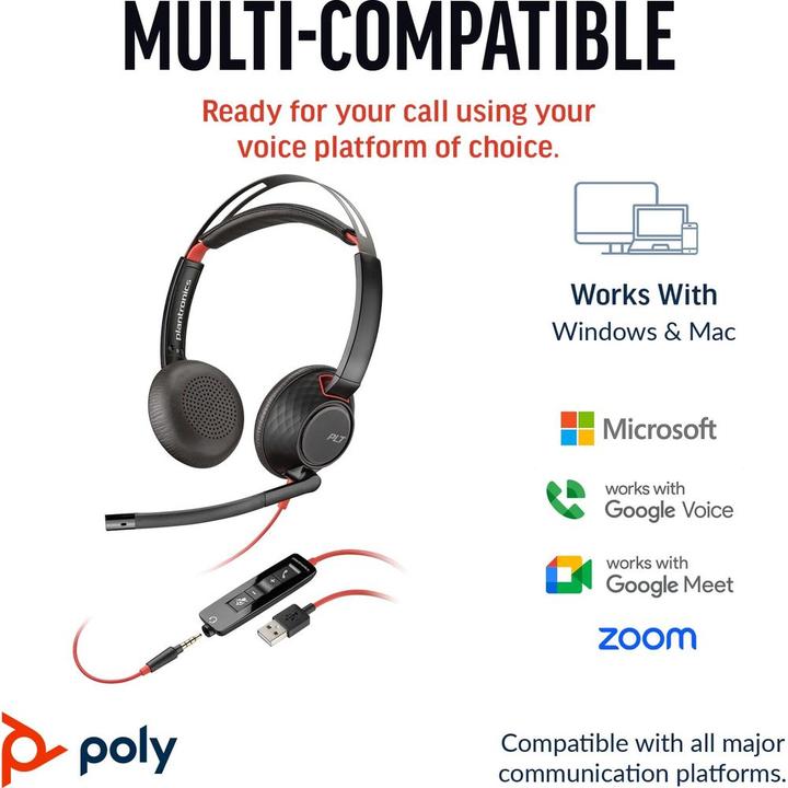 Actual product image Poly Blackwire 5220 USB-C stereo headset + 3.5 mm plug + USB-C/A adapter (Cable, USB-A)