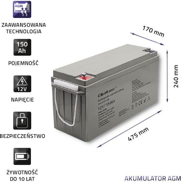 Image du produit Qoltec Batterie AGM | 12V | 150Ah | max. 2250A (12 V, 150 Ah)