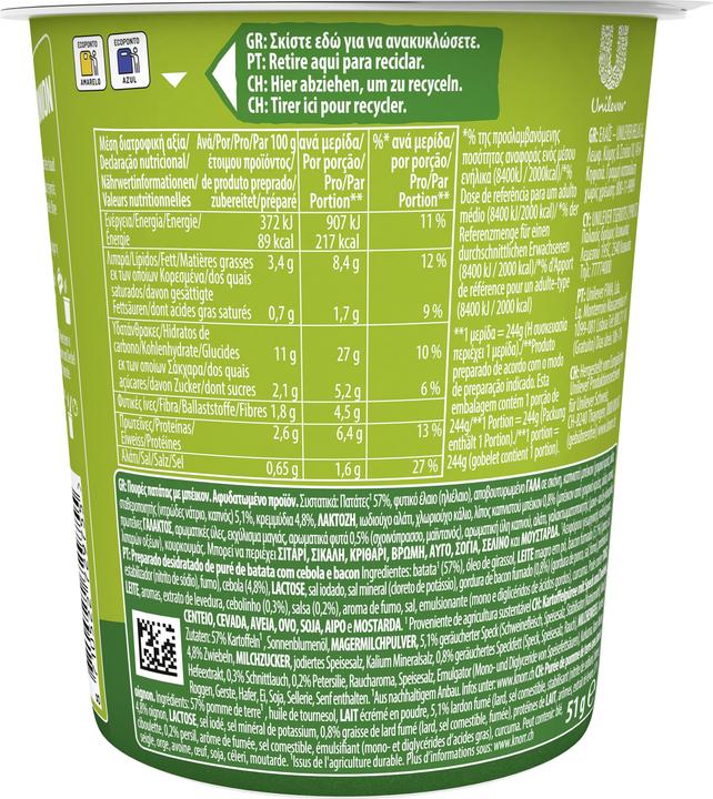 Nährwerte und Zutaten Knorr Fertiggericht Potato Snack Bacon & Onion 1 Portion (51 g)