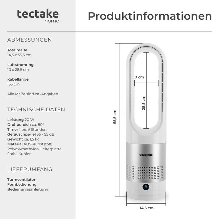Produktbild tectake Turmventilator Polar, 80° Oszillation, inkl. Timer (55 dB)