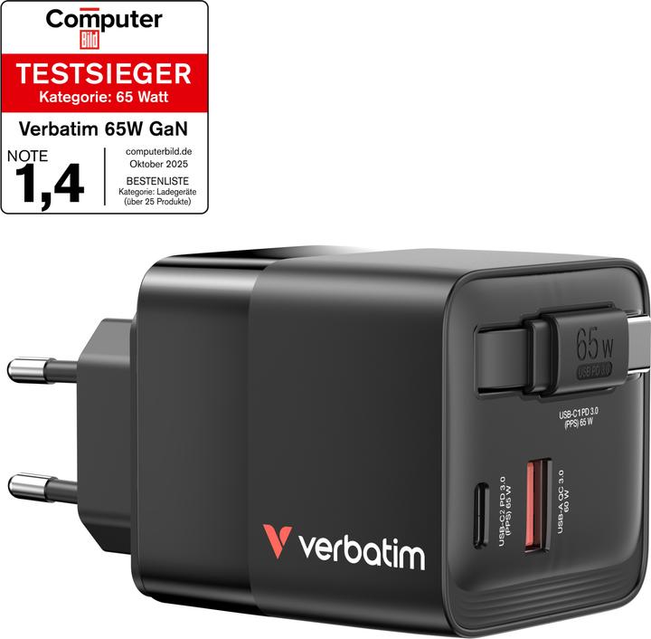 Image du produit Verbatim GaN Charger Retractable Cable (65 W, 3 ports)