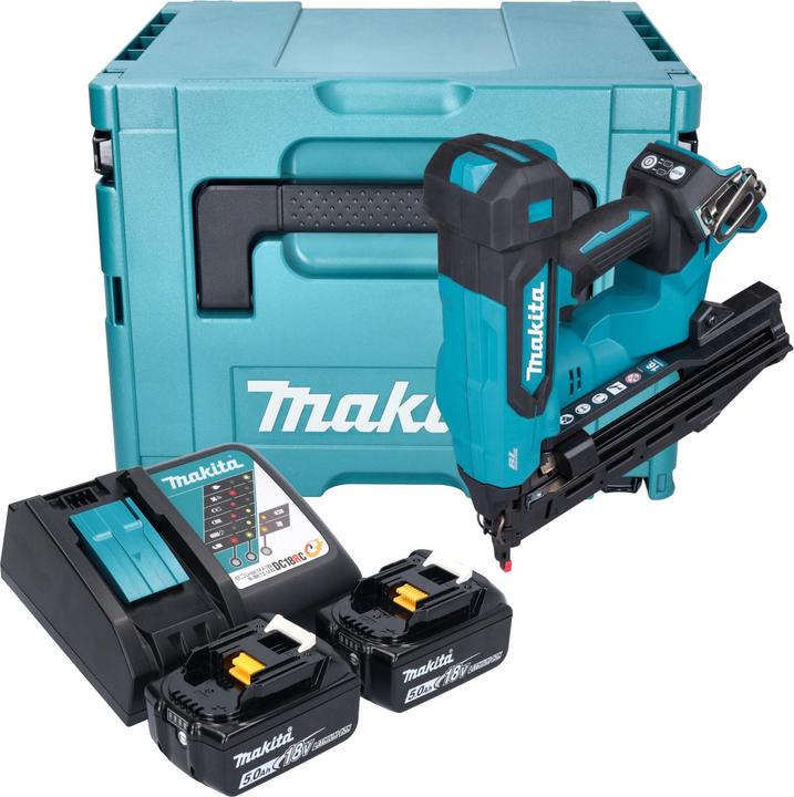 1x Makita DBN 610 cordless upright nailer, 2x Makita BL 1850 B 18 V 5.0 Ah battery, 1x Makita DC 18 RC battery fast charger, 1x Makita Makpac case